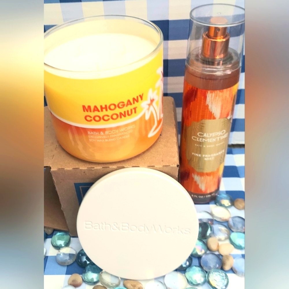 Mahogany Coconut & Calypso Clementine B & B W lot! 3 Wick Candle & Fine Fragranc